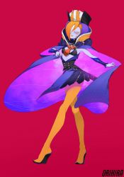 Rule 34 | 1girl, artist name, blue skin, cape, colored skin, full body, hair over one eye, hat, highres, multicolored hair, nail polish, open mouth, orange hair, orange nails, orange pantyhose, original, orihira, pantyhose, pink eyes, purple cape, purple hair, red background, shadow, simple background, smile, solo, standing, white hair