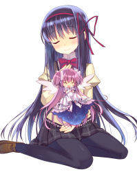 Rule 34 | 10s, 2girls, :d, ^ ^, akemi homura, black hair, black pantyhose, blush, bow, chibi, closed eyes, dress, hair bow, hair ribbon, hairband, hands on own cheeks, hands on own face, juliet sleeves, kaname madoka, loafers, long hair, long sleeves, mahou shoujo madoka magica, mahou shoujo madoka magica (anime), mini person, minigirl, multiple girls, open mouth, pantyhose, pink hair, puffy sleeves, ribbon, school uniform, shoes, simple background, sitting, skirt, smile, tahya, two side up, ultimate madoka, white background, wings