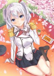 Rule 34 | 10s, 1girl, black skirt, black socks, blue eyes, buttons, cherry blossoms, double-breasted, epaulettes, food, gloves, grey shirt, hatsu (first snow), jacket, kantai collection, kashima (kancolle), long sleeves, neckerchief, petals, pleated skirt, red neckerchief, shirt, short hair, silver hair, skirt, smile, socks, solo, two side up, white gloves, white jacket