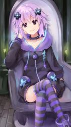 Rule 34 | 10s, 1girl, bad id, bad pixiv id, breasts, collarbone, d-pad, dark persona, hair ornament, highres, hood, hooded track jacket, jacket, koomoi, leaning to the side, long hair, looking at viewer, neptune (neptunia), neptune (series), open mouth, purple eyes, purple hair, small breasts, smile, solo, striped clothes, striped thighhighs, thighhighs, throne, track jacket