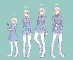 Rule 34 | 1girl, absurdres, age progression, alternate costume, aqua background, blonde hair, blush stickers, boots, brave witches, bug, butterfly, cross, eila ilmatar juutilainen, hair between eyes, hand on own hip, highres, insect, iron cross, knee boots, long hair, looking to the side, military, military uniform, multiple views, aged up, pantyhose, pigeon-toed, pondo (peng-model), purple eyes, smile, strike witches, tarot, uniform, world witches series, aged down