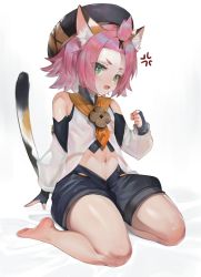 Rule 34 | 1girl, anger vein, animal ear fluff, animal ears, bangs pinned back, bare shoulders, barefoot, beret, black gloves, black hat, black shorts, cat ears, cat girl, cat tail, clenched hand, detached sleeves, diona (genshin impact), dokomon, fang, fingerless gloves, forehead, full body, genshin impact, gloves, green eyes, hat, highres, long sleeves, looking at viewer, navel, open mouth, pink hair, puffy long sleeves, puffy shorts, puffy sleeves, shirt, short eyebrows, short shorts, shorts, sitting, solo, tail, thick eyebrows, v-shaped eyebrows, wariza, white shirt, white sleeves