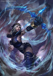 Rule 34 | 1girl, armlet, armpits, arrow (projectile), ashe (league of legends), blue thighhighs, bow, bow (weapon), breasts, cglas, drawing bow, female focus, gloves, highres, holding, holding bow (weapon), holding weapon, hood, large breasts, league of legends, long hair, sideboob, solo, thighhighs, watermark, weapon, web address, white hair