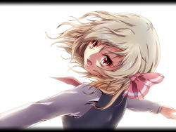 Rule 34 | 1girl, blonde hair, fang, female focus, from behind, hair ribbon, looking back, nekotama shun, outstretched arms, red eyes, ribbon, rumia, solo, spread arms, touhou