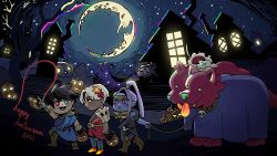 Rule 34 | 2021, 2girls, 3boys, ancient greek clothes, black hair, blue hair, blue skin, cerberus (hades), chibi, closed eyes, colored skin, cosplay, costume switch, crescent moon, dog, greco-roman clothes, green eyes, hades (series), hades 1, halloween, happy halloween, heterochromia, highres, house, hypnos (hades), jack-o&#039;-lantern, joanne tran, laurel crown, megaera (hades), megaera (hades) (cosplay), moon, multiple boys, multiple girls, multiple heads, night, night sky, nyx (hades), official art, open mouth, pointing, ponytail, red eyes, skull, sky, sleeping, smile, star (sky), starry sky, thanatos (hades), thanatos (hades) (cosplay), whip, white hair, yellow eyes, zagreus (hades), zagreus (hades) (cosplay)