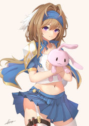 Rule 34 | 1girl, absurdres, armor, beige background, blue cape, blue hairband, blue skirt, brown hair, cape, collarbone, hair intakes, hairband, haruna (kancolle), highres, holding, holding stuffed toy, kantai collection, long hair, looking at viewer, miso (b7669726), navel, hugging object, original, pleated skirt, potion, shirt, shoulder armor, signature, simple background, skirt, solo, stuffed animal, stuffed rabbit, stuffed toy, thigh strap, thighhighs, white shirt, white thighhighs