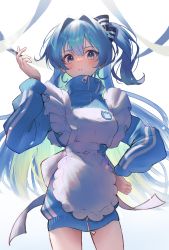 Rule 34 | 1girl, absurdres, apron, blue eyes, blue hair, blush, dress, highres, hololive, hoshimachi suisei, long hair, looking at viewer, looking down, open mouth, parted lips, ribbon, senriyama, side ponytail, solo, very long hair, virtual youtuber, white background