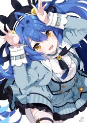 Rule 34 | 1girl, ahoge, amamiya kokoro, amamiya kokoro (1st costume), animal ear headwear, arms up, bell, black headwear, blue dress, blue hair, center frills, double-parted bangs, dress, fake animal ears, fang, frills, hair bell, hair between eyes, hair intakes, hair ornament, hashtag-only commentary, highres, juliet sleeves, leg up, long hair, long sleeves, looking at viewer, neck bell, nejime, nijisanji, open mouth, puffy sleeves, rabbit pose, shirt, signature, simple background, skin fang, smile, solo, thighhighs, two side up, virtual youtuber, white background, white shirt, white thighhighs, x hair ornament, yellow eyes