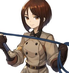 Rule 34 | 1girl, absurdres, belt, belt buckle, brown eyes, brown hair, buckle, closed mouth, commentary request, earrings, grey jacket, hand up, highres, holding, holding whip, jacket, jewelry, long hair, military, military uniform, parted bangs, short hair, simple background, smile, solo, sookmo, the king of fighters, the king of fighters xiv, uniform, upper body, whip, whip (kof), white background