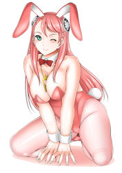 Rule 34 | 1girl, ;), aida rayhunton, animal ears, asymmetrical bangs, bare shoulders, between breasts, bow, bowtie, breasts, breasts squeezed together, cleavage, detached collar, fake animal ears, green eyes, gundam, gundam g no reconguista, hairband, jewelry, kneeling, large breasts, leotard, long hair, looking at viewer, necklace, one eye closed, otone, pantyhose, pendant, pink hair, pink pantyhose, playboy bunny, rabbit ears, rabbit tail, red leotard, smile, solo, squatting, swept bangs, tail, v arms, white background, wrist cuffs