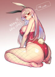 Rule 34 | 1girl, animal ears, arched back, ass, bad id, bad pixiv id, bare back, bare shoulders, barefoot, blush, breasts, crown, fake animal ears, feet, fishnets, gradient background, huge ass, large breasts, leotard, long hair, looking at viewer, looking back, pink background, pink eyes, pink hair, playboy bunny, rabbit ears, rabbit girl, seiza, sideboob, sitting, soles, solo, soulworker, suerte, thick thighs, thighs, translation request, white background