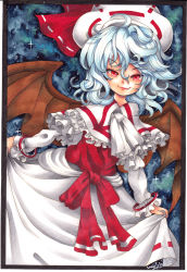 Rule 34 | 1girl, alternate costume, bat wings, blue hair, border, capelet, clothes lift, colored pencil (medium), curiosities of lotus asia, dress, fang, female focus, frills, hat, hat ribbon, jewelry, long sleeves, looking at viewer, mosho, red eyes, remilia scarlet, ribbon, ring, short hair, signature, skirt, skirt lift, smile, solo, touhou, traditional media, wings
