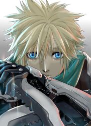 Rule 34 | 1boy, aiz00, armor, blonde hair, blue eyes, close-up, cloud strife, crisis core final fantasy vii, eyelashes, final fantasy, final fantasy vii, gloves, green scarf, hands up, highres, holding, holding knife, holding weapon, knife, looking at viewer, male focus, parted lips, scarf, shinra infantry uniform, shoulder armor, solo, spiked hair, square enix, upper body, weapon