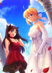Rule 34 | 2girls, :d, alternate costume, artoria pendragon (all), artoria pendragon (fate), bad id, bad pixiv id, black legwear, blonde hair, blue eyes, blue sky, breasts, brown hair, choker, cleavage, cloud, day, dress, elbow gloves, fate/stay night, fate (series), fuyuki (neigedhiver), gloves, green eyes, highres, looking at viewer, multiple girls, open mouth, petals, pillar, red dress, saber (fate), sky, small breasts, smile, thighhighs, tohsaka rin, two side up, wedding dress, white dress, white gloves