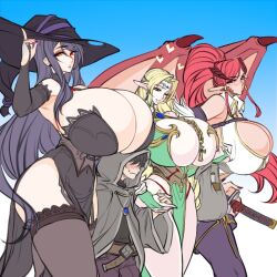 Rule 34 | 1boy, 3girls, armpits, bag, belt, black garter straps, black gloves, black hair, blonde hair, blush, breasts, bridal gauntlets, bursting breasts, cleavage, cloak, dragon girl, dragon horns, dragon wings, earrings, elf, embarrassed, garter straps, gigantic breasts, gloves, green gloves, hand on headwear, hat, heart, height difference, holding, holding bag, holding hands, horns, jewelry, lace, lace-trimmed legwear, lace trim, long hair, looking at another, looking at viewer, multiple girls, one eye closed, original, pelvic curtain, pointy ears, ponytail, propellercube, purple nails, red eyes, red hair, red nails, simple background, sweatdrop, sword, thighhighs, tiara, very long hair, weapon, wings, witch