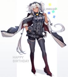 Rule 34 | 1girl, black gloves, boots, breasts, buttons, confetti, dark-skinned female, dark skin, double-breasted, full body, glasses, gloves, grey footwear, grey hair, hand on own hip, happy birthday, headgear, highres, kantai collection, kasumi (skchkko), large breasts, long hair, long sleeves, looking at viewer, musashi (kancolle), one eye closed, partially fingerless gloves, red eyes, rigging, rimless eyewear, simple background, solo, thigh boots, very long hair, white background