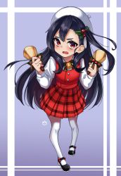 Rule 34 | 1girl, absurdres, bell, beret, black hair, blush, christmas, commentary, full body, hair ornament, handbell, hat, highres, holding, holding bell, holly, holly hair ornament, long hair, long sleeves, mary janes, mirami (tatarim39), neck bell, neck ribbon, one side up, open mouth, original, pantyhose, plaid, plaid skirt, pleated skirt, red eyes, ribbon, shoes, skirt, solo, symbol-only commentary, thick eyebrows, very long hair, vest