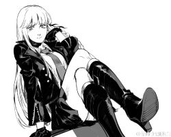 Rule 34 | 10s, 1girl, boots, braid, breasts, collared shirt, danganronpa (series), danganronpa: trigger happy havoc, expressionless, gloves, greyscale, hair ribbon, hand in own hair, high heel boots, high heels, jacket, kirigiri kyoko, knee boots, leather, leather boots, leather gloves, leather jacket, crossed legs, long hair, long sleeves, looking at viewer, medium breasts, monochrome, necktie, open clothes, open jacket, original, ribbon, ruukii drift, shirt, shoe soles, simple background, single braid, sitting, skirt, solo, thighs, very long hair, watermark, white background
