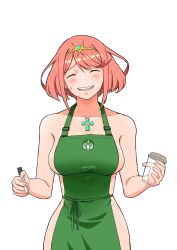 Rule 34 | 1girl, apron, blush, breasts, closed eyes, coffee cup, cup, disposable cup, earrings, highres, iced latte with breast milk (meme), jewelry, medium breasts, naked apron, pyra (xenoblade), red hair, sideboob, smile, solo, xenoblade chronicles (series), xenoblade chronicles 2, you nf