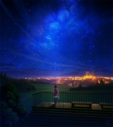 Rule 34 | 1girl, bench, cityscape, constellation, from behind, mocha (cotton), night, original, railing, scenery, shoes, unworn shoes, sky, solo, star (sky), starry sky, technoheart, tree