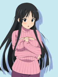 Rule 34 | 1girl, akiyama mio, black eyes, black hair, blush, breasts, chf, cleavage cutout, clothing cutout, k-on!, long hair, looking at viewer, meme attire, official style, open-chest sweater, open mouth, ribbed sweater, solo, standing, sweater, turtleneck