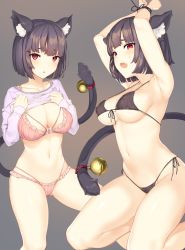 Rule 34 | 1girl, :d, :o, animal ear fluff, animal ears, armpits, arms up, azur lane, bdsm, bell, bikini, black bikini, black hair, black ribbon, blunt bangs, blush, bondage, bound, bound wrists, bra, breasts, brown background, buckle, cat ears, cat tail, cleavage, clothes lift, collarbone, covered erect nipples, fang, frilled panties, frills, front-tie bikini top, front-tie top, gradient background, groin, highres, icomochi, invisible chair, jingle bell, kneeling, large breasts, lifted by self, long sleeves, looking at viewer, multiple views, navel, open mouth, panties, pink bra, pink panties, purple sweater, red eyes, ribbon, short hair, side-tie bikini bottom, sitting, sleeves past wrists, smile, stomach, sweater, sweater lift, swimsuit, tail, tail bell, tail ornament, underboob, underwear, yamashiro (azur lane)