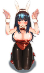 Rule 34 | 1girl, animal ears, bad id, bad pixiv id, black hair, blue eyes, blush, bow, bowtie, breasts, cleavage, cuff links, fake animal ears, full body, high heels, highres, kneeling, kyuuso inukami, large breasts, leotard, light smile, lips, long hair, looking at viewer, mole, mole under eye, original, pantyhose, playboy bunny, rabbit ears, shoes, simple background, solo, strappy heels, white background