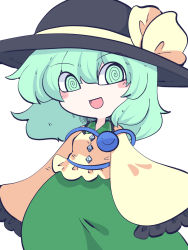 Rule 34 | 1girl, @ @, blouse, blush, blush stickers, breasts, buttons, chahan (fried rice0614), collared shirt, commentary request, crystal, eyes visible through hair, frills, green eyes, green hair, green skirt, grey hat, hair between eyes, hat, hat ribbon, highres, jewelry, komeiji koishi, long sleeves, looking to the side, medium breasts, medium hair, one-hour drawing challenge, open mouth, ribbon, shirt, simple background, skirt, smile, solo, standing, third eye, tongue, touhou, white background, wide sleeves, yellow ribbon, yellow shirt