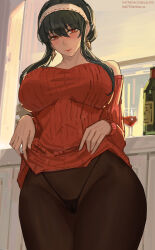 Rule 34 | 1girl, bare shoulders, black hair, breasts, brown pantyhose, hairband, highres, large breasts, long hair, looking at viewer, lsls, off-shoulder sweater, off shoulder, panties, panties under pantyhose, pantyhose, red eyes, red sweater, sidelocks, smile, spy x family, sweater, thighs, underwear, yor briar