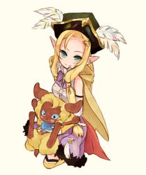 Rule 34 | 1girl, bare shoulders, black hat, blonde hair, blue sclera, blush, bow, bowtie, buttons, closed mouth, colored sclera, creature, dahlia (rune factory), detached sleeves, elf, emdo (norabbit), facepaint, grey shirt, hat, hat feather, kneeling, long hair, long sleeves, looking at viewer, looking up, mice (rune factory), pirate hat, pointy ears, purple bow, purple bowtie, purple skirt, rune factory, shirt, simple background, skirt, sleeveless, sleeveless shirt, smile, thighhighs, yellow background, yellow thighhighs, zettai ryouiki