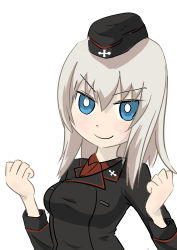Rule 34 | 1girl, absurdres, black hat, black jacket, blue eyes, bright pupils, clenched hands, closed mouth, commentary, dress shirt, garrison cap, girls und panzer, grey hair, hat, highres, insignia, itsumi erika, jacket, kumanoko (xtakatox), kuromorimine military uniform, long sleeves, looking at viewer, medium hair, military, military hat, military uniform, red shirt, shirt, simple background, smile, solo, uniform, upper body, v-shaped eyebrows, w arms, white background, white pupils, wing collar