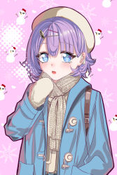 Rule 34 | 1girl, @ @, aldehyde, beret, blue eyes, blue jacket, blush, crescent, grey hat, grey mittens, grey scarf, hair between eyes, hair ornament, hairclip, halftone, halftone background, hand up, hat, highres, hiiragi tsukino (aldehyde), jacket, mittens, open clothes, open jacket, open mouth, original, pink background, plaid, plaid skirt, pleated skirt, purple hair, scarf, skirt, snowflake background, snowman, solo, upper body