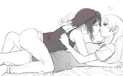 Rule 34 | 2girls, bare shoulders, bed sheet, clothes grab, closed eyes, female focus, funblade, grabbing another&#039;s hair, heart, imminent kiss, long hair, lying, monochrome, multiple girls, pajamas, profile, ruby rose, rwby, scar, short hair, tsundere, weiss schnee, yuri