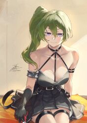 Rule 34 | 1girl, arm strap, bare shoulders, black dress, black gloves, breasts, choker, cleavage, dress, fadingz, gloves, green hair, hair between eyes, highres, holding, holding scissors, long hair, looking at viewer, o-ring, purple eyes, scissors, side ponytail, sitting, smile, solo, sousou no frieren, thigh strap, ubel (sousou no frieren)