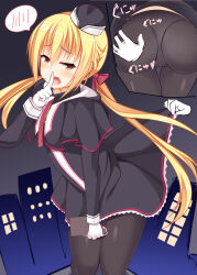 Rule 34 | 1girl, absurdres, arched back, arihara nanami, ass, ass grab, black background, black capelet, black dress, black hat, black pantyhose, blonde hair, blush, bow, braid, capelet, clothes lift, commentary, covering crotch, covering privates, cowboy shot, cross-section, disembodied hand, dress, eyelashes, eyes visible through hair, finger to mouth, frilled dress, frills, furrowed brow, garrison cap, gloves, grabbing another&#039;s ass, groping, hair between eyes, hair bow, half-closed eyes, hand on another&#039;s ass, hand up, hat, highres, index finger raised, lifting another&#039;s clothes, long hair, low twintails, military uniform, necktie, open mouth, panties, panties under pantyhose, pantyhose, prank, red bow, red eyes, red necktie, riddle joker, short dress, shrimp 3, side braid, simple background, skirt, skirt lift, solo, sound effects, spoken blush, standing, thigh gap, twintails, underwear, uniform, very long hair, white gloves