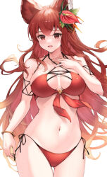 Rule 34 | 1girl, animal ears, anthuria, bikini, breasts, erune, flower, gluteal fold, gradient hair, granblue fantasy, hair flower, hair ornament, hand on own chest, highres, koretsuki azuma, large breasts, long hair, looking at viewer, medium breasts, multicolored hair, navel, open mouth, orange hair, red bikini, red eyes, red hair, revision, side-tie bikini bottom, simple background, smile, solo, swimsuit, white background