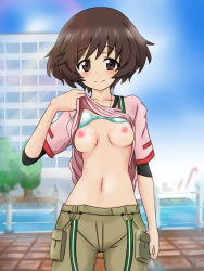 Rule 34 | 10s, 1girl, akiyama yukari, blue sky, blurry, blurry background, blush, bra, bra lift, breasts, brown eyes, brown hair, brown shorts, cargo shorts, casual, closed mouth, clothes lift, cowboy shot, day, depth of field, girls und panzer, green bra, highres, layered sleeves, lifted by self, long sleeves, looking at viewer, medium breasts, messy hair, misakichi (fechisupi777), nipples, outdoors, pink shirt, shirt, shirt lift, short hair, short over long sleeves, short sleeves, shorts, sky, smile, solo, standing, suspenders, t-shirt, underwear