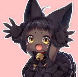 Rule 34 | 1girl, ahoge, animal ear fluff, animal ears, animal hands, bell, black dress, black hair, blunt bangs, collar, dark-skinned female, dark skin, dress, facial mark, fang, final fantasy, final fantasy xiv, frilled dress, frills, gloves, highres, jingle bell, lalafell, looking at viewer, neck bell, open mouth, outline, outstretched arms, paw gloves, pink background, sakura chiyo (konachi000), signature, solo, warrior of light (ff14), whisker markings, white outline, yellow eyes