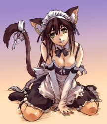 Rule 34 | 1girl, animal ears, breasts, brown hair, cat ears, cat tail, cleavage, elbow gloves, female focus, full body, gloves, gradient background, hisahiko, large breasts, long hair, maid, original, sitting, solo, tail, yellow eyes