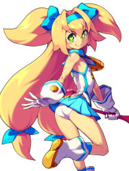 Rule 34 | 1girl, arc system works, ass, bad id, bad pixiv id, bell, blazblue, blonde hair, child, gloves, green eyes, hairband, heart, heart-shaped pupils, leg up, long hair, low-tied long hair, metata, muchourin, panties, platinum the trinity, quad tails, simple background, solo, symbol-shaped pupils, underwear, very long hair, white background, white gloves, white panties