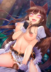 Rule 34 | 1boy, 1girl, akine (kuroyuri), animal ears, blurry, blush, breasts, brown hair, censored, choker, clothed sex, depth of field, fangs, fingerless gloves, fingernails, fur trim, girl on top, gloves, glowing, glowing eyes, hand to own mouth, hetero, highres, kureha (666) (sound voltex), kureha (sound voltex), large breasts, long fingernails, mosaic censoring, nail polish, nipples, open mouth, penis, pink eyes, puffy nipples, pussy, red nails, sex, spread legs, stomach, tagme, tail, topless, vaginal, wolf ears, wolf tail