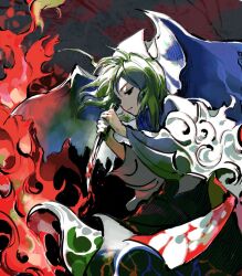 1girl closed_mouth commentary fire floating_clothes floating_hair green_hair half-closed_eyes highly_responsive_to_prayers highres holding holding_sword holding_weapon kaigen_1025 long_hair long_sleeves mima_(touhou) solo sword touhou touhou_(pc-98) wakizashi weapon