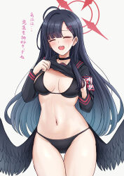 Rule 34 | 1girl, absurdres, armband, bikini, black bikini, black choker, black hair, black serafuku, black wings, blue archive, blush, breasts, choker, clothes lift, commentary request, grey background, hair ornament, hairclip, halo, highres, ichika (blue archive), latte (a nextsystem), lifting own clothes, long hair, low wings, medium breasts, navel, open mouth, red armband, red halo, school uniform, serafuku, shirt lift, simple background, solo, standing, swimsuit, teeth, thighs, translation request, upper teeth only, wings