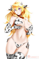 Rule 34 | 1girl, animal ears, animal print, bikini, blonde hair, breasts, chinese zodiac, collar, cow girl, cow horns, cow print, cow print thighhighs, cowbell, elbow gloves, gloves, highres, horns, kimmy77, large breasts, long hair, looking at viewer, midriff, navel, print thighhighs, purple eyes, rwby, solo, swimsuit, yang xiao long, year of the ox