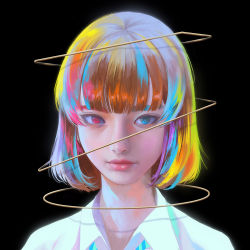Rule 34 | 1girl, black background, blonde hair, blouse, blue eyes, blue hair, blunt bangs, blunt ends, bob cut, brown hair, close-up, closed mouth, collared shirt, colorful, heterochromia, highres, lips, lipstick, looking at viewer, makeup, medium hair, multicolored hair, multiple halos, necktie, nose, original, pink eyes, pink hair, pink lips, portrait, red lips, school uniform, shirt, short hair, simple background, solo, streaked hair, striped necktie, wataboku, white shirt, wing collar
