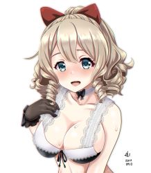 Rule 34 | 1girl, artist name, black bra, black gloves, blonde hair, blue eyes, blush, bow, bra, breasts, cleavage, collarbone, dated, drill hair, gloves, hair between eyes, hair bow, hatakaze (kancolle), kantai collection, large breasts, medium hair, open mouth, red bow, signature, simple background, solo, tk8d32, underwear, upper body, white background