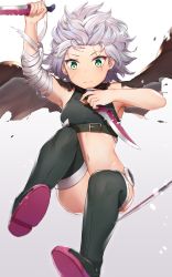 Rule 34 | 1girl, bandaged arm, bandages, black cola, black shirt, black thighhighs, blurry, blurry foreground, blush, boots, breasts, brown cape, cape, closed mouth, commentary, dagger, depth of field, dual wielding, facial scar, fate/grand order, fate (series), green eyes, heart, heart-shaped pupils, highres, holding, holding dagger, holding knife, holding weapon, jack the ripper (fate/apocrypha), knife, looking at viewer, navel, pink footwear, scar, scar across eye, scar on cheek, scar on face, shirt, short hair, silver hair, sleeveless, sleeveless shirt, small breasts, solo, symbol-shaped pupils, thigh boots, thighhighs, thighs, torn cape, torn clothes, v-shaped eyebrows, weapon