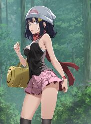 Rule 34 | 1girl, adapted costume, black shirt, black socks, blue hair, bracelet, breasts, cleavage, creatures (company), dawn (pokemon), female focus, forest, game freak, grey eyes, hair ornament, hairclip, hat, highres, jewelry, looking at viewer, looking to the side, medium breasts, medium hair, miniskirt, nature, nintendo, open mouth, outdoors, pink skirt, pleated skirt, pokemon, pokemon dppt, print headwear, shirt, skirt, sleeveless, sleeveless shirt, socks, solo, tsukishiro saika, white hat