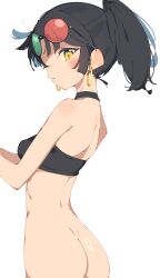 Rule 34 | 1girl, 3d glasses, absurdres, an-an lee, ass, bare arms, black bra, black choker, black hair, blush, bottomless, bra, choker, commentary request, earrings, highres, hoop earrings, jewelry, looking at viewer, looking back, parted lips, ponytail, rasusurasu, reverse:1999, simple background, solo, underwear, white background, yellow eyes