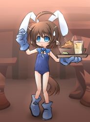 Rule 34 | 1girl, animal ears, ass, blue eyes, blush, boots, brown hair, chair, child, flat chest, food, gloves, golden lore, kso, open mouth, original, rabbit ears, school swimsuit, short hair, swimsuit, table, tail, tavern